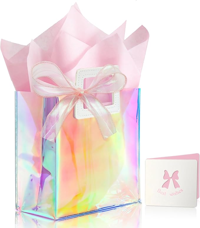 KeerxunBag 1 Pack Holographic Gift Bags with Handles & 2 Tissue Paper Sheets – Iridescent Transparent Reusable Bags for Wo...
