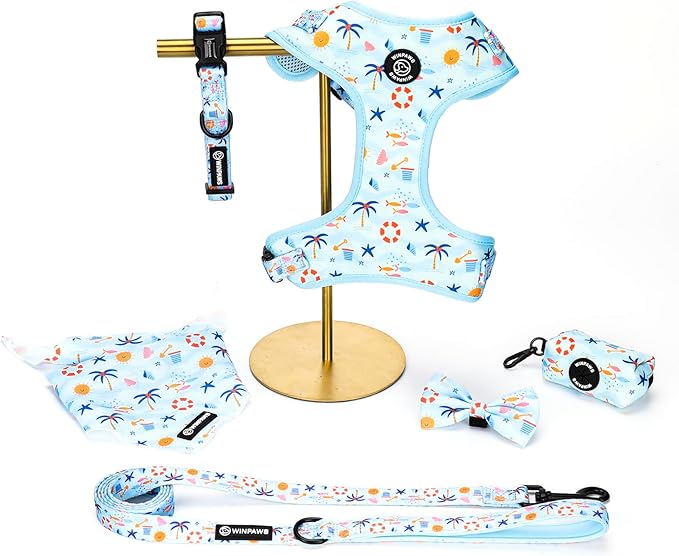 Dog Harness and Leash Collar Set with Dog Poop Bag Holder and Bandanas, Escape Proof Adjustable Puppy Cat Vest with Soft M...