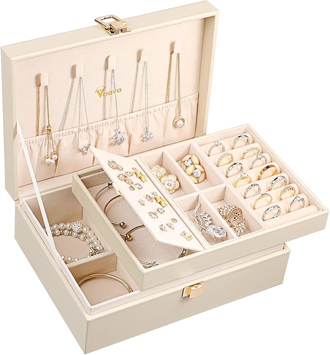 Voova Jewelry Box Organizer for Women Girls, 2 Layer Large Men Jewelry Storage Case, PU Leather Display Jewellery Holder w...