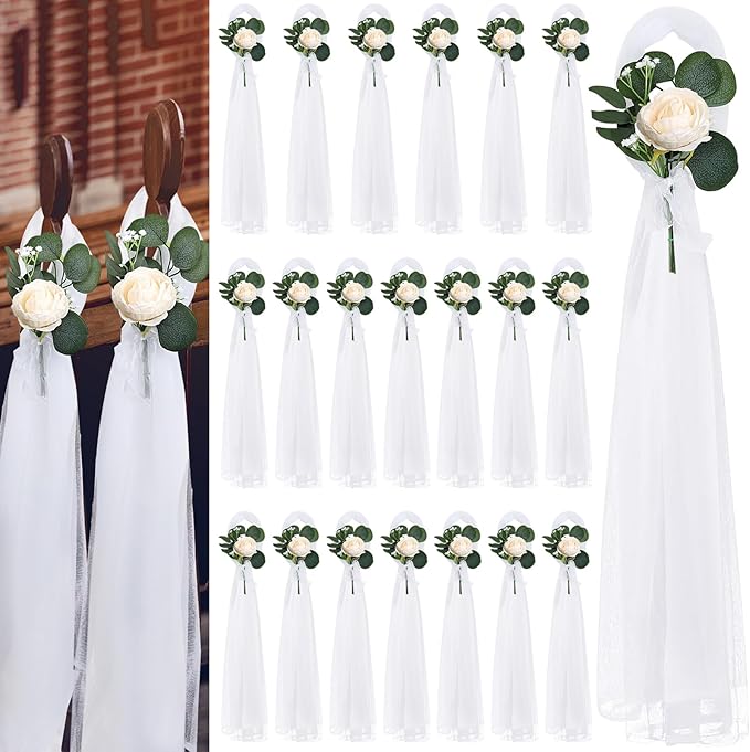 DIYDOFUN 20 Sets Wedding Aisle Decorations, 39.4 Inches Artificial Silk Rose Flowers with Long Tulle Tails for Church Pew ...