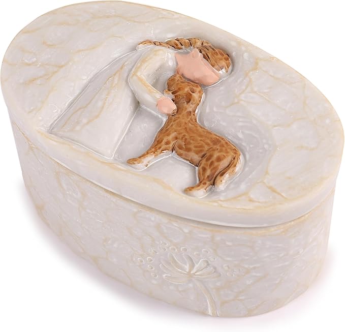 FriyGardcn Resin Keepsake Box Oval 3.82 Inch, Memorial Trinket Box for Dog Ashes Pet Hair Collar Tag, Engraved Girl with P...