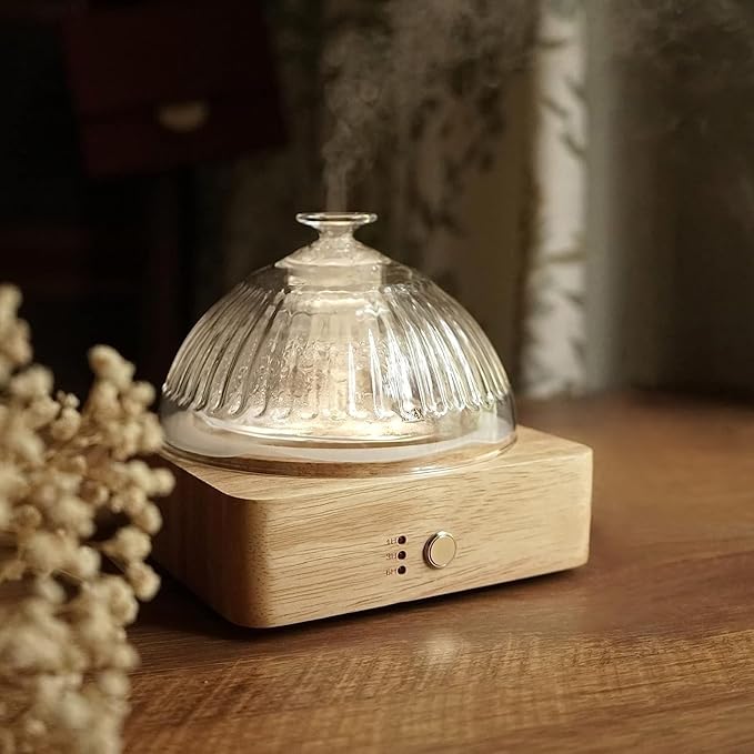 Glass Dome Essential Oil Diffuser with Glass Reservoir & Wood Base-No Plastic, 200ml Ultrasonic Diffuser for Aromatherapy ...