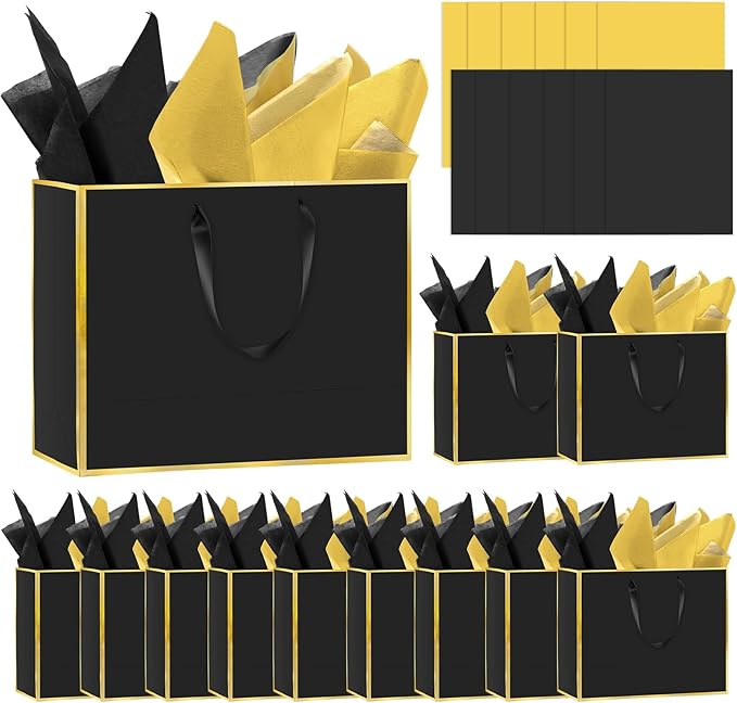 Epoesch 12 Pack Black Gift Bags with Handles – Includes 24 Tissue Paper – 11.8"x10"x4" – Elegant 5 Senses Gift Bags for We...
