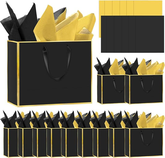 Epoesch 12 Pack Black Gift Bags with Handles – Includes 24 Tissue Paper – 11.8"x10"x4" – Elegant 5 Senses Gift Bags for We...