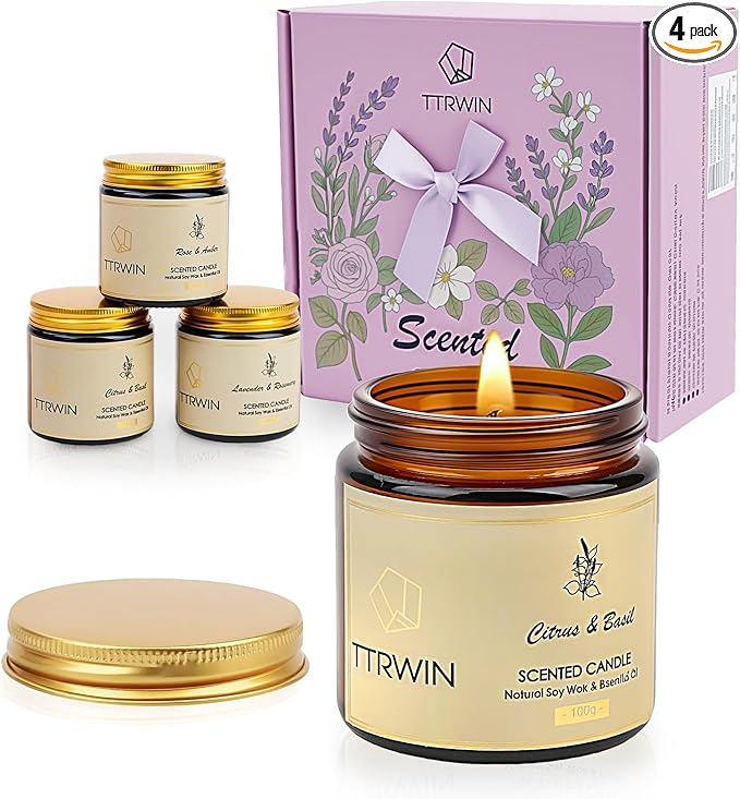 TTRWIN Scented Candles Gift Set, 4 Pick Natural Soy Candles: British pear & Freesia, Rose & Amber, Lavender & Rosemary, Ci...