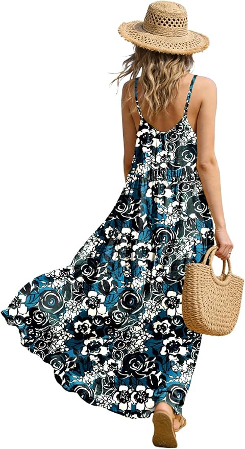 YESNO Summer Bohemian Floral Dresses for Women Spaghetti Straps Maxi Dress Casual Flowy Dresses with Pockets ES0