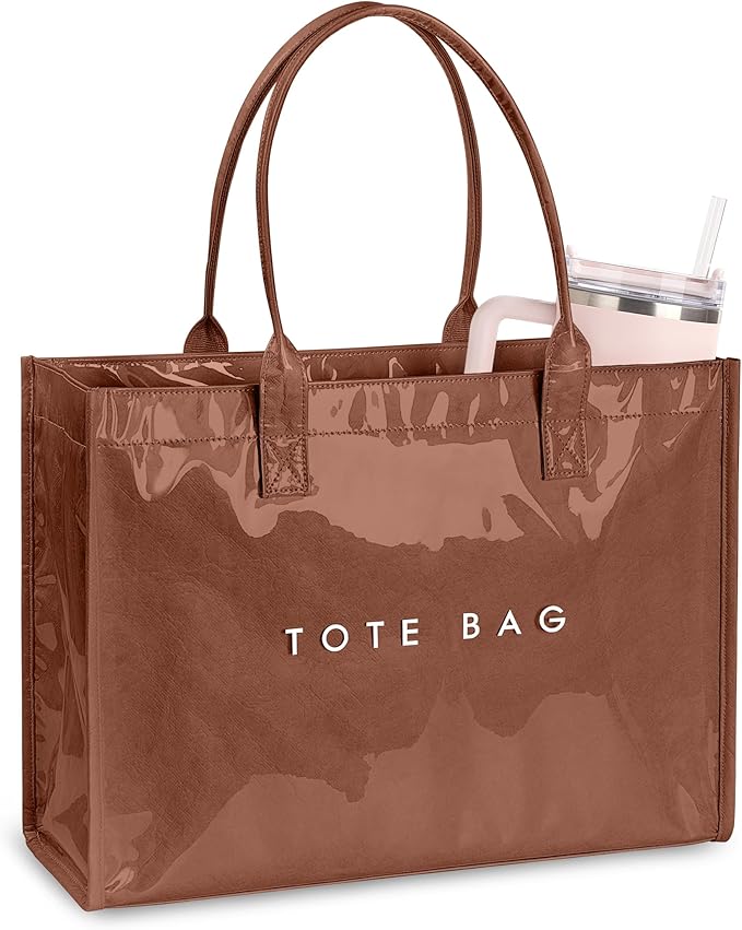 Large PVC Tote Bag for Women, Kraft Paper Handbag Beach Tote with Letter Print, Top Handle Purse for Work Travel Shopping