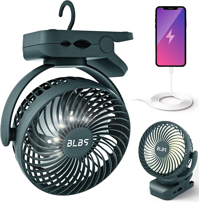 BLBS Rechargeable Camping Fan - 65H 12000mAh With Output Ports, Hanging Hook, 360 Head Rotation for Tents, Camp, Green