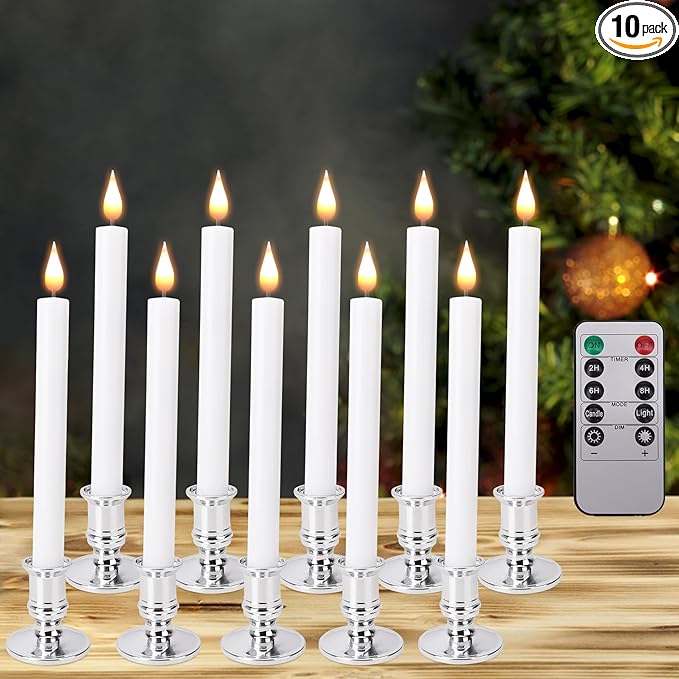 POQCCT LED Flameless Window Candles with Remote Timer 10 PCS Battery Operated Flickering Taper Candle Lights with Removabl...