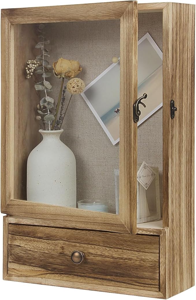 Butizone Shadow Box Frame, 3.2" Deep Shadow Box Display Case with Real Glass and Drawer, Rustic Wood Memory Box for Pictur...