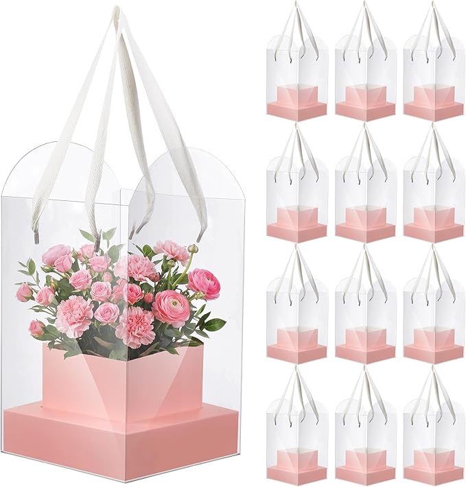 Kolldenn 12 Pack Clear Pink Flower Bouquet Bags with Handle, 9.45 Inch Mother's Day Boxes for Floral Arrangement, PVC Wate...
