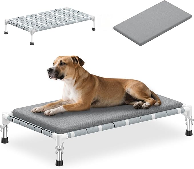 Elevated Raised Outdoor Dog Bed - Cooling Lifted Outside Dogs Bed with Cushion Mat Dog Hammock Bed with Stainless Steel Fr...
