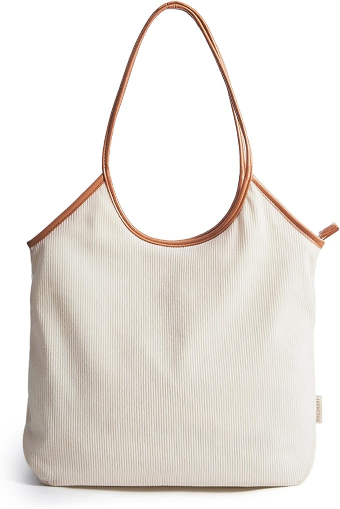 BAGSMRT Corduroy Tote Bag for Women with PU Leather Handles, Casual Shoulder Bag with Zipper Handbag for Travel Work