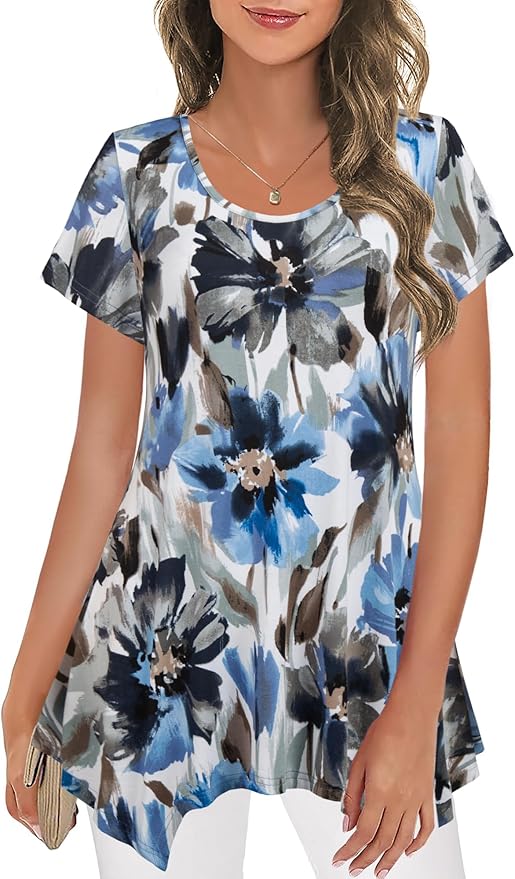 Nandashe Women Short Sleeves Tunic Shirts Casual Scoop Neck Floral Irregular Hem Blouses Tops