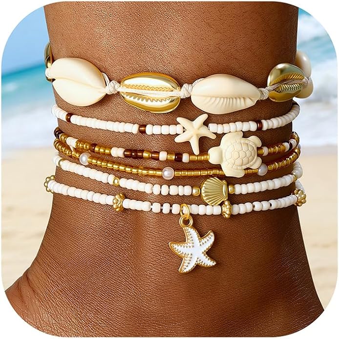 iF YOU Ankle Bracelet Set for Women, 14k Gold Waterproof Seashell Pearl Heart Starfish Conch Link Chain Anklets Set, Boho ...
