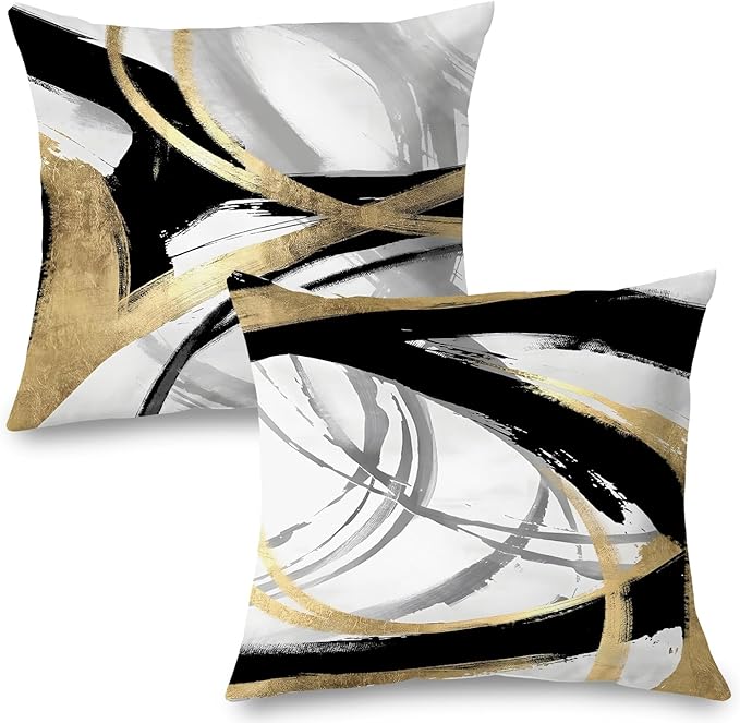 Supwhd Black White and Gold Pillow Covers, Abstract Black and Gold Pillow Covers 18x18 Set of 2, Modern Boho Home Decor, B...