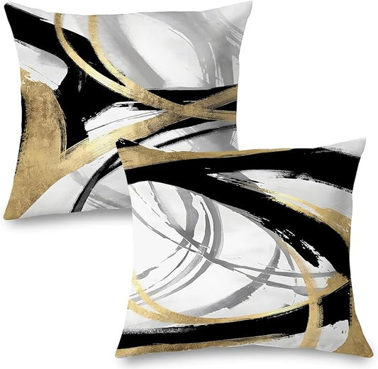 Supwhd Black White and Gold Pillow Covers, Abstract Black and Gold Pillow Covers 18x18 Set of 2, Modern Boho Home Decor, B...