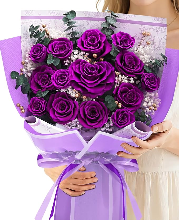 Forever Rose Flowers for Delivery Mothers Day Gifts, 14-Piece Purple Preserved Roses Flowers Bouquet with Vase Gift Box, L...