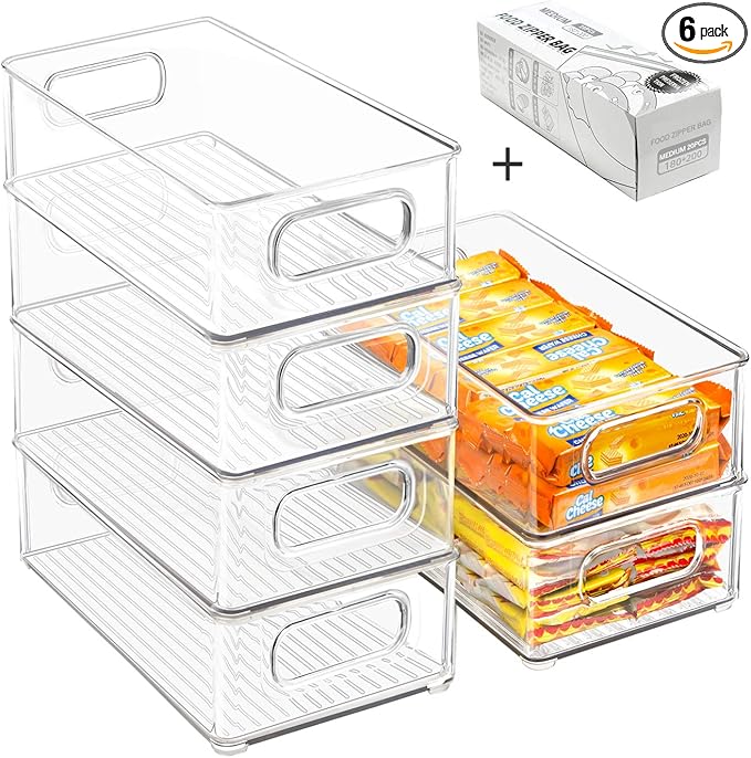Stackable Refrigerator Organizer Bins, 6 Pack Clear Kitchen Organizer Container Bins with Handles and 20 PCS Plastic Bags ...