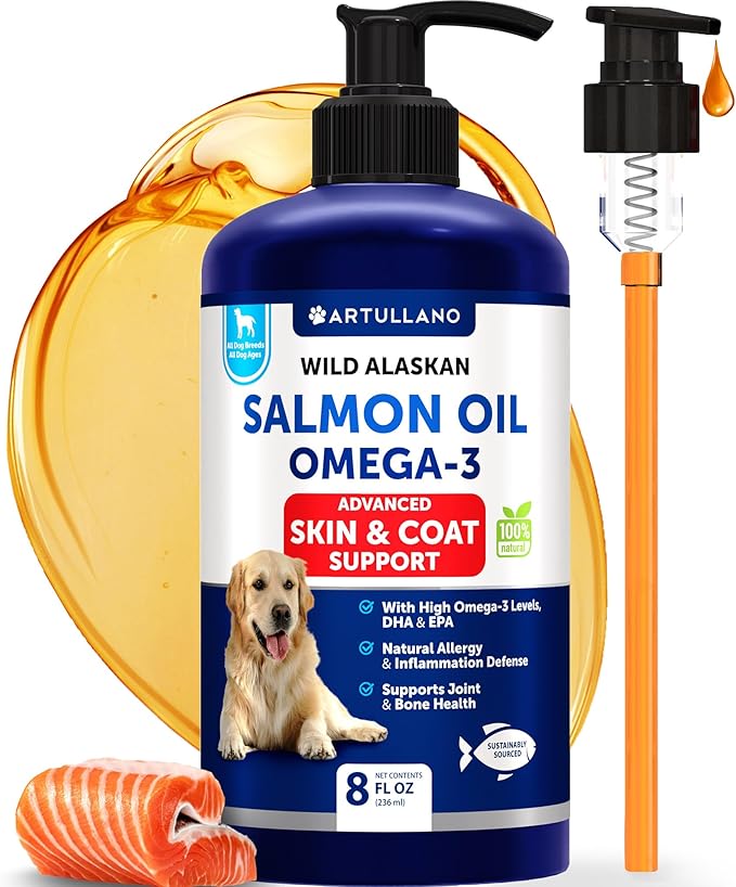 Salmon Oil for Dogs - Omega 3 for Dogs - 8 FL OZ Wild Alaskan Salmon Fish Oil - Natural EPA & DHA Fatty Acids for Skin & C...