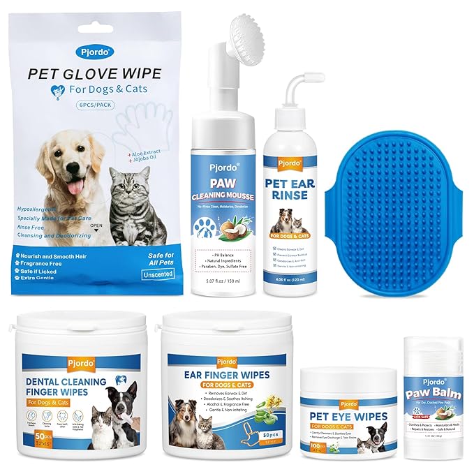 Pjordo Dog Wipes Cleaning Deodorizing, Grooming Wipes & Paw Cleaner, Pet Cleaning Kit for Teeth, Ears, Eyes, Paw, Body, Ea...