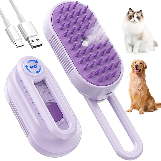 Cat Steam Brush for Shedding, 4 in 1 Brushs with Foldable Handle, Steam Brushs for Cats, Spritz Defur Comb for Cats, Water...