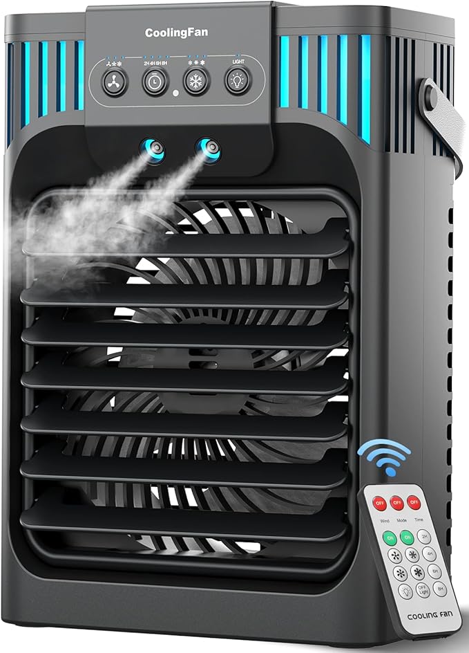Portable Air Conditioner Cooling Fan with Remote, Quiet with 3 Speeds, 1200ml Personal Air Cooler Fan with 3 Mist, 7 Night...