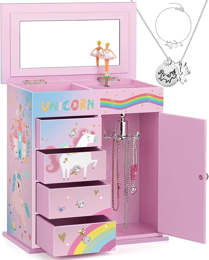 efubaby Jewelry Box for Girls 5-Layer with Swing Door Spinning Ballerina Unicorn &Castle Design Unicorn Jewelry Set Includ...