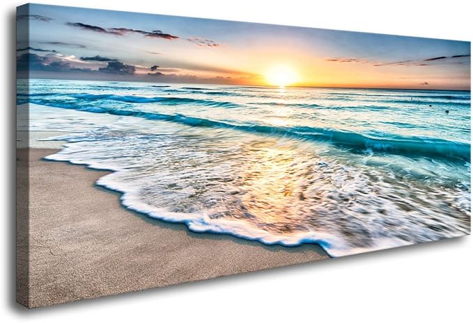 Baisuart S02250 Canvas Prints Wall Art Beach Sunset Ocean Waves Nature Pictures Stretched Canvas Wooden Framed for living ...