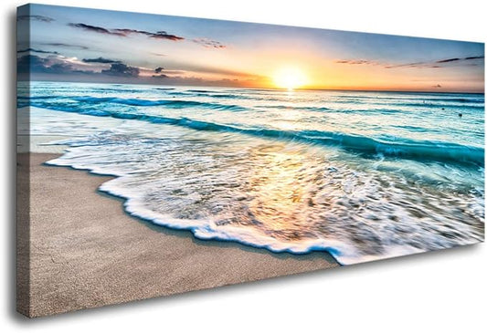 Baisuart S02250 Canvas Prints Wall Art Beach Sunset Ocean Waves Nature Pictures Stretched Canvas Wooden Framed for living ...