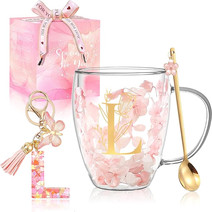 Personalized Gifts for Women Flower Double Wall Cute Novelty Monogrammed Glass Coffee Mug Tea Cup with Spoon Customized We...