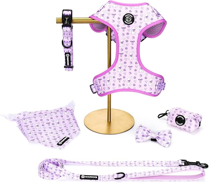Dog Harness and Leash Collar Set with Dog Poop Bag Holder and Bandanas, Escape Proof Adjustable Puppy Cat Vest with Soft M...