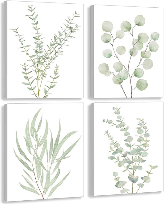 Erctoo Botanical Plant Canvas Wall Art, Framed Boho Wall Decor for Bathroom, Minimalist Aesthetic Bedroom Wall Art, Sage G...