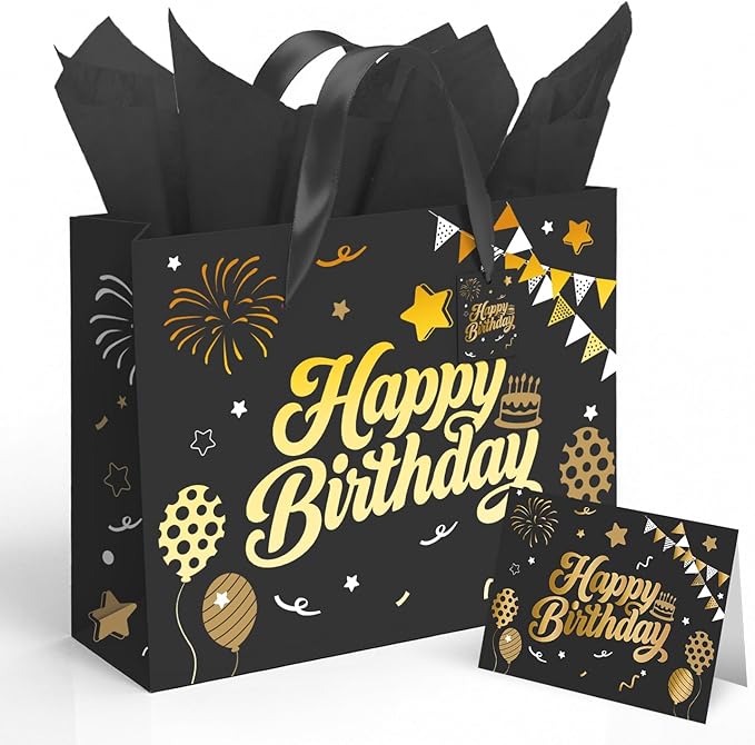 13” Black Birthday Gift Bag with Tissue Paper and Greeting Card, Happy Birthday Gift Bags for Party, Hot Foil Stamping Des...