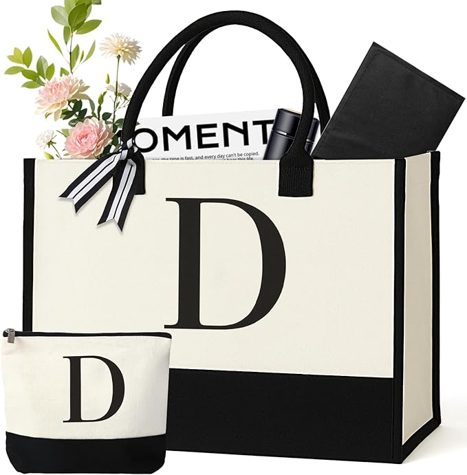 GENGBIN Personalized Canvas Tote Bag for Women Makeup Pouch Initial Beach Bag Removable Bottom Board for Travel Birthday