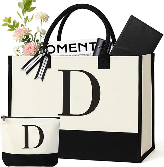 GENGBIN Personalized Canvas Tote Bag for Women Makeup Pouch Initial Beach Bag Removable Bottom Board for Travel Birthday