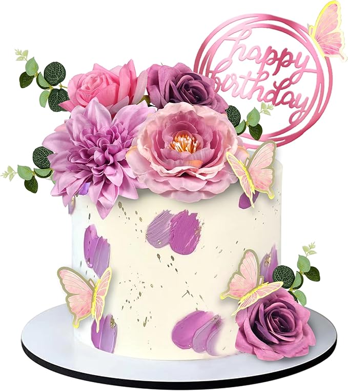 20 PCS Flower Cake Toppers Butterfly Cake Decorations Happy Birthday Cake Toppers with Pink Purple Flowers Eucalyptus Butt...