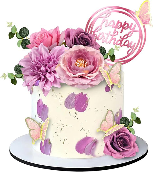 20 PCS Flower Cake Toppers Butterfly Cake Decorations Happy Birthday Cake Toppers with Pink Purple Flowers Eucalyptus Butt...
