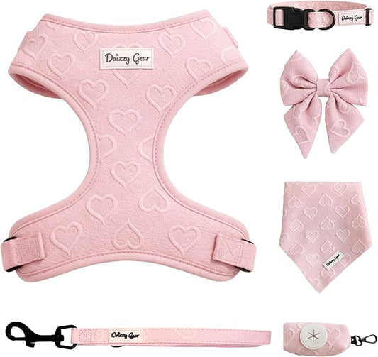 Small Dog Harness Set – Cute No Pull, All Weather, Breathable Harness and Leash Set with Collar, Bandana, Sailor Bow & Poo...