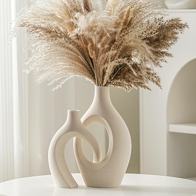 Lvases Snuggle Hollow Ceramic Vase Set of 2, Boho ins Style Round Nordic Mid Century Modern Aesthetic Decorative Vase for ...