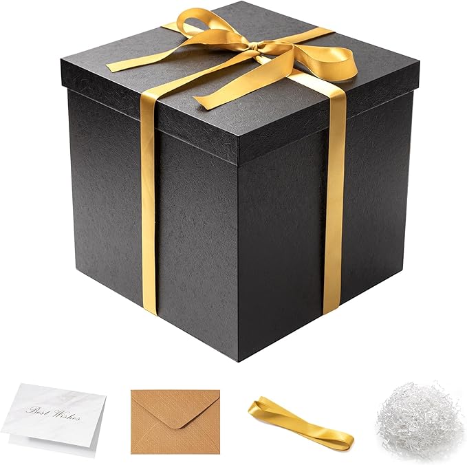 Mefleet Large Gift Box with Lid for Presents 12x12x12 Inches Extra Big Deep Square Black Boxes 1 Pack for Christmas, Birth...