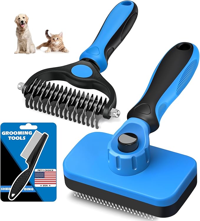 3PCS Self Cleaning Slicker Brush & Pet Grooming Rake & Flea Comb for Dogs, Cats and Horses | Double-Sided Dematting Comb &...