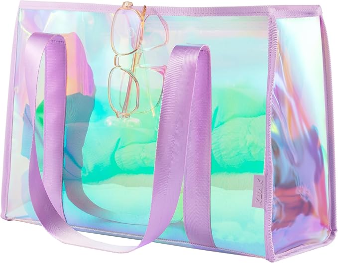 KUAK Iridescent Clear Beach Tote Bag for Women Girls Large Waterproof with Inner Zipper Pocket for Swim Pool Travel Vacation