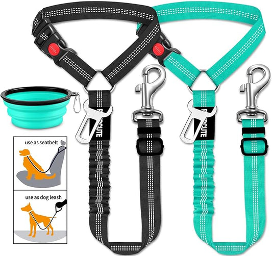 3 Piece Dog Car Seat Belt Set - Retractable Adjustable Pet Seatbelts for Vehicle Headrests - Heavy Duty, Elastic & Durable...