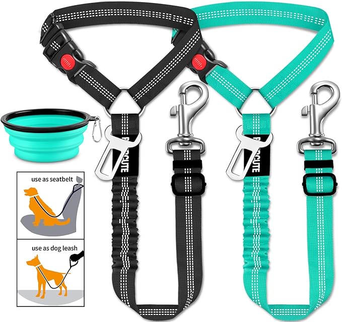 3 Piece Dog Car Seat Belt Set - Retractable Adjustable Pet Seatbelts for Vehicle Headrests - Heavy Duty, Elastic & Durable...
