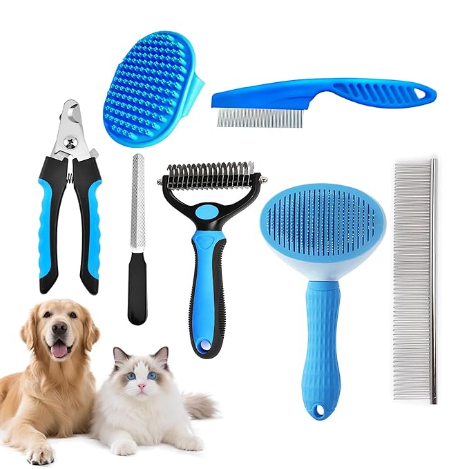7PCS Dog Grooming Brush Kit for Shedding and Matted Fur, Self-Cleaning Slicker Brush with Undercoat Rake, Flea Comb for Lo...