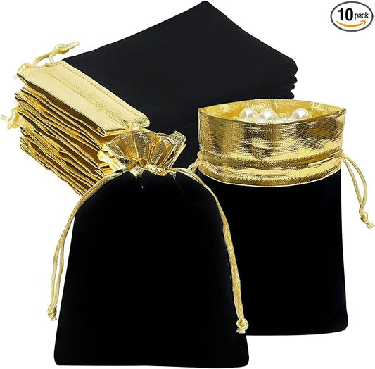 HRX Package 10pcs Velvet Bags with Drawstrings 5x7 inch, Black Gold Cloth Gift Pouches Baggies Sacks for Jewelry Dice Part...