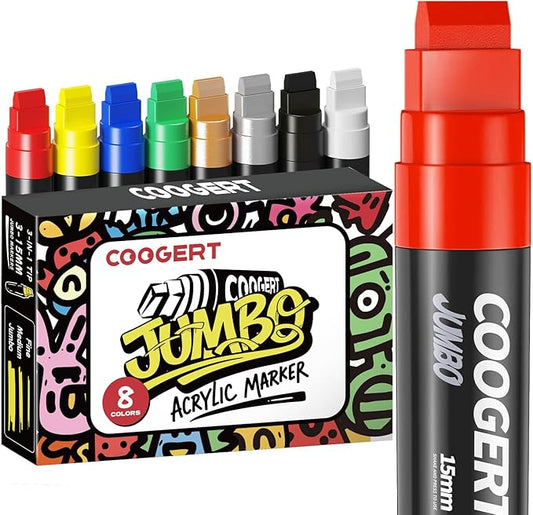 Coogert 8 Vibrant Colors Jumbo Poster Markers, 15MM Thick Permanent Acrylic Graffiti Markers, Wide Tip Paint Marker for Ca...
