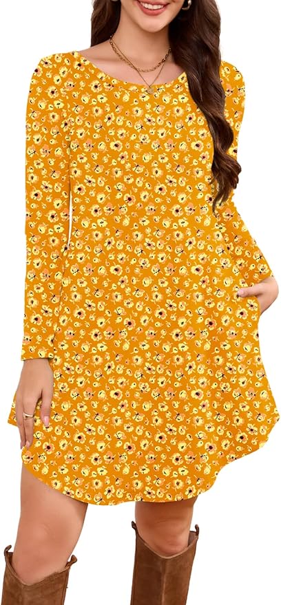 DEARCASE Women's Long Sleeve T Shirt Dress Crewneck Knee Length Loose Casual Flowy Swing Tunic Dresses with Pockets