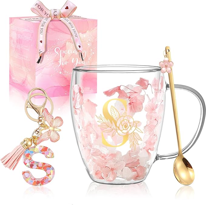 Gifts for Women Double Wall Flower Glass Coffee Mug Initial Glass Cup Personalized Monogrammed Birthday Wedding Christmas ...